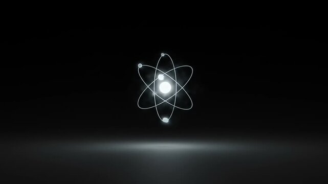 Abstract representation of an atom with orbiting electrons against a dark background, symbolizing science