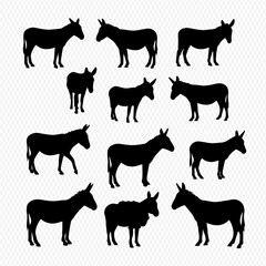 A collection of black donkey silhouettes in various poses, including a foal, on a checkered background.
