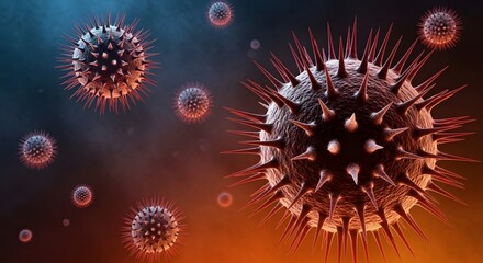 Microscopic view of virus cells or pathogens. Concept of disease, pandemic, immunology, medical research, and public health threats.