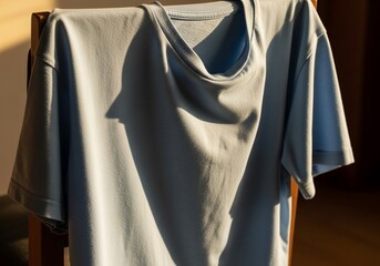 Obraz premium Casual Blue T-Shirt Draped on Chair Bathed in Warm Sunlight