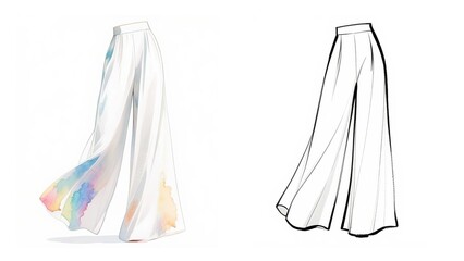 A pair of elegant wide-leg white pants with a flowing watercolor rainbow pattern, complemented by a precise fashion flat line art drawing.