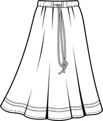 Flared skirt flat sketch, drawstring waist skirt, fashion technical drawing, skirt template, casual skirt cad, vector clothing design