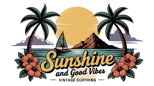 Vintage sunshine and good vibes tropical beach scene logo - Powered by Adobe