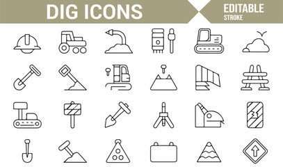 Construction Site Tools and Safety Icons - Excavators, Shovels, and Warning Signs