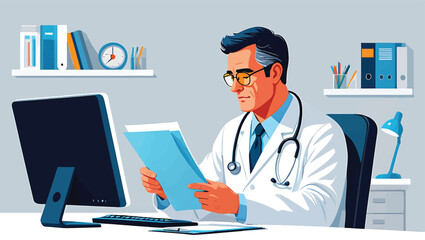 Physician at his desk reviewing patient medical records, healthcare concept vector illustration