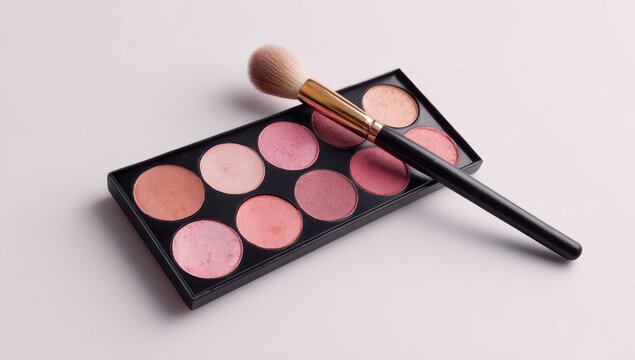 A black makeup palette with eight circular blush shades in varying pink hues rests on a white surface, accompanied by a black-handled makeup brush with gold accents