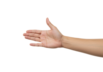 Caucasian male adult hand outstretched for gesture communication. Cut out PNG