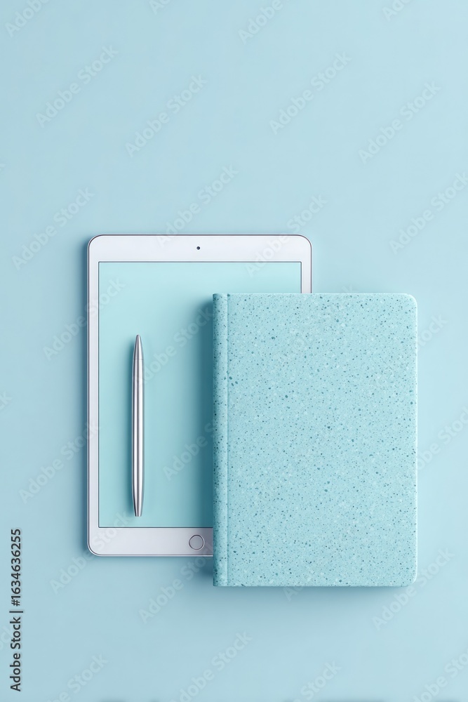 Poster minimalistic setup featuring tablet and notebook in soft blue to