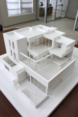 Modern architectural model showcasing detailed white building design with multiple levels and open spaces, reflecting creativity and innovation