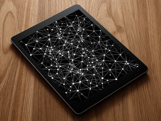 Sleek tablet displaying network of interconnected lines and nodes black background, resting wooden surface, evokes sense of modern technology