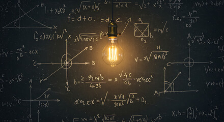 A bright lightbulb illuminates complex math formulas on a chalkboard, symbolizing innovative solutions.