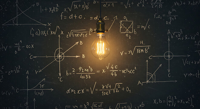A bright lightbulb illuminates complex math formulas on a chalkboard, symbolizing innovative solutions.
