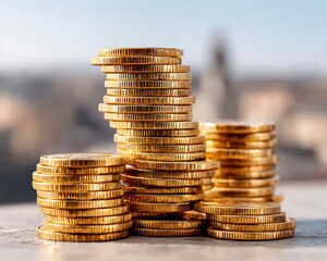 Stack of gold coins glistens in sunlight, creating sense of wealth and prosperity against blurred background