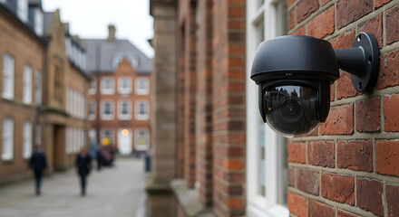 Security camera affixed to a brick wall, overlooking pedestrians on a walkway through town square.