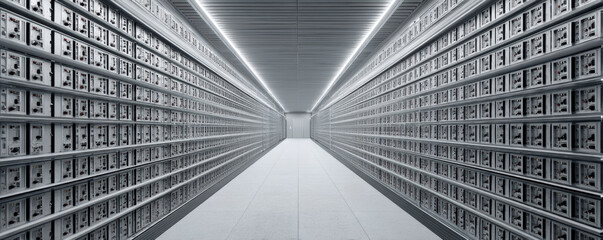 Modern, spacious corridor lined with rows of automated machines in cleanroom environment, showcasing advanced technology and precision