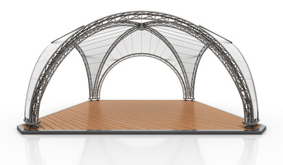 Commercial outdoor event arch frame tent with wooden floor. 3d illustration transparent background