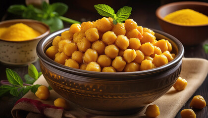 A bowl of seasoned chickpeas on the kitchen counter. Generative AI.