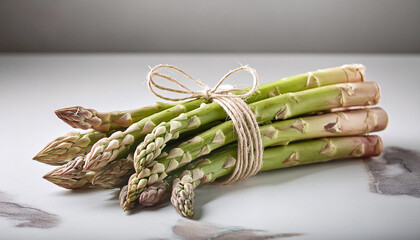 A fresh bundle of asparagus, tied with twine, presented on a plate. Generative AI.
