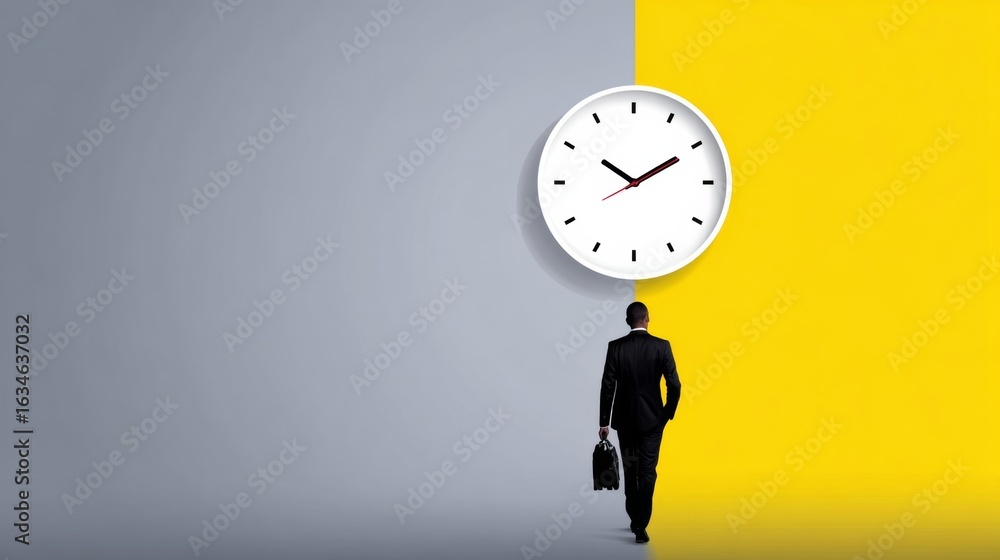 Poster man is walking with a briefcase and a clock is hanging on the wall behind him. the clock is showing 