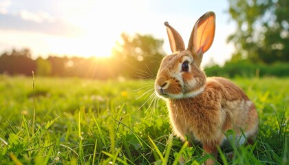 Fototapeta premium Adorable Rabbit in Golden Hour Meadow