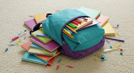 Turquoise backpack overflowing with colorful pens and notebooks, surrounded by school supplies.