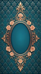 Elegant Teal and Rose Gold Ornate Oval Frame with Floral Damask Background: Luxury Design Template