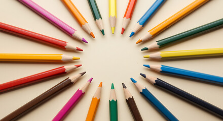 A circle of colorful drawing pencils create a vibrant and inviting arrangement on a bright surface.