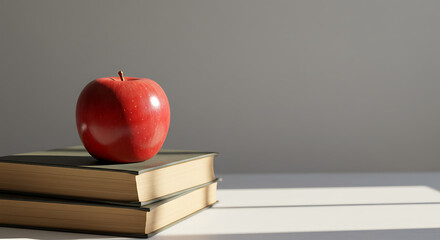 A bright red apple rests on top of a stack of two books in a serene, sunlit, neutral setting.