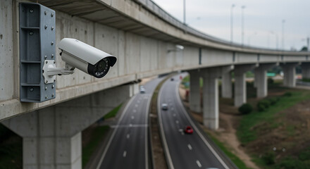 Security camera overlooking highway traffic, mounted under a bridge for surveillance and monitoring.