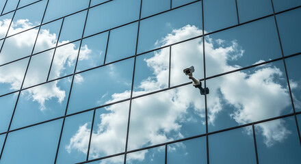 Security camera mounted on the mirrored wall of a modern building reflecting the sky and clouds.