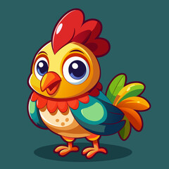 Cute cartoon chicken with big blue eyes and colorful feathers