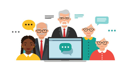 Diverse Seniors Engaging in Online Communication: Laptop, Chat Bubbles, Friendly