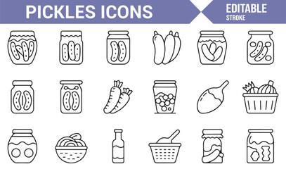 Pickle Jars and Preserved Food Icons Set - Vector Illustrations of Pickles, Cucumbers, and Vegetables
