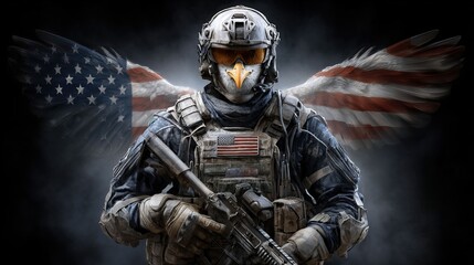 Fototapeta premium A soldier with an eagle's head and US flag wings, representing strength and freedom