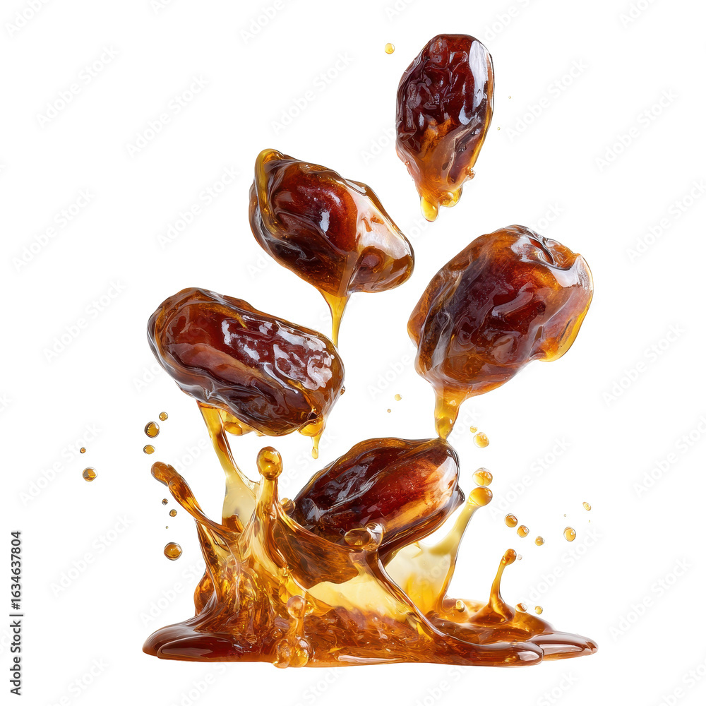 Poster sweet dates splash in syrup on a white background during a culinary experiment in a home kitchen set
