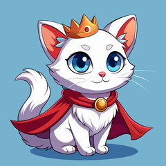 Cute white cat wearing a golden crown and red cape