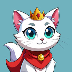 Majestic white cat wearing a crown and red cape