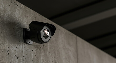 Black security camera affixed to a textured grey wall. The camera is pointed slightly downward.