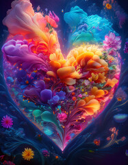 Heart-shaped floral arrangement filled with vibrant, colorful, and fantastical flowers and plant life in a magical style. Generative AI.
