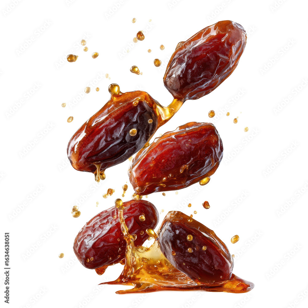 Poster dates splashing and falling in syrup against a white background create a visually appealing composit
