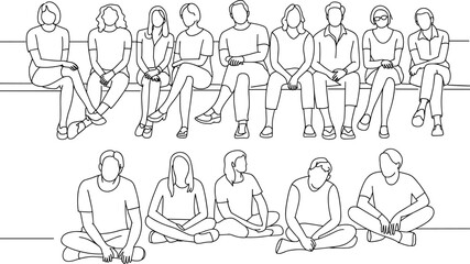 Group of people sitting on benches and floor, casual posture, black and white line art, minimal illustration, modern community scene