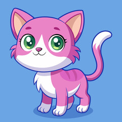 Cute pink cartoon cat with big green eyes and white chest
