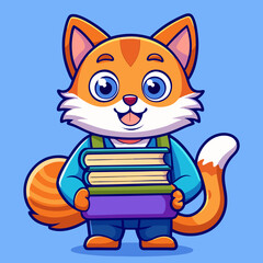 Cute cartoon fox student carrying a stack of books