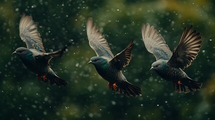 Three pigeons in flight against a dark green background.