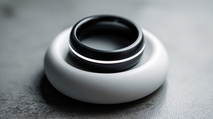 Matte Black Smart Ring with White Light Resting on Round Charging Cradle