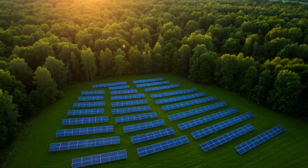 Aerial view of solar panels on a field adjacent to a forest, harnessing energy in nature's embrace.