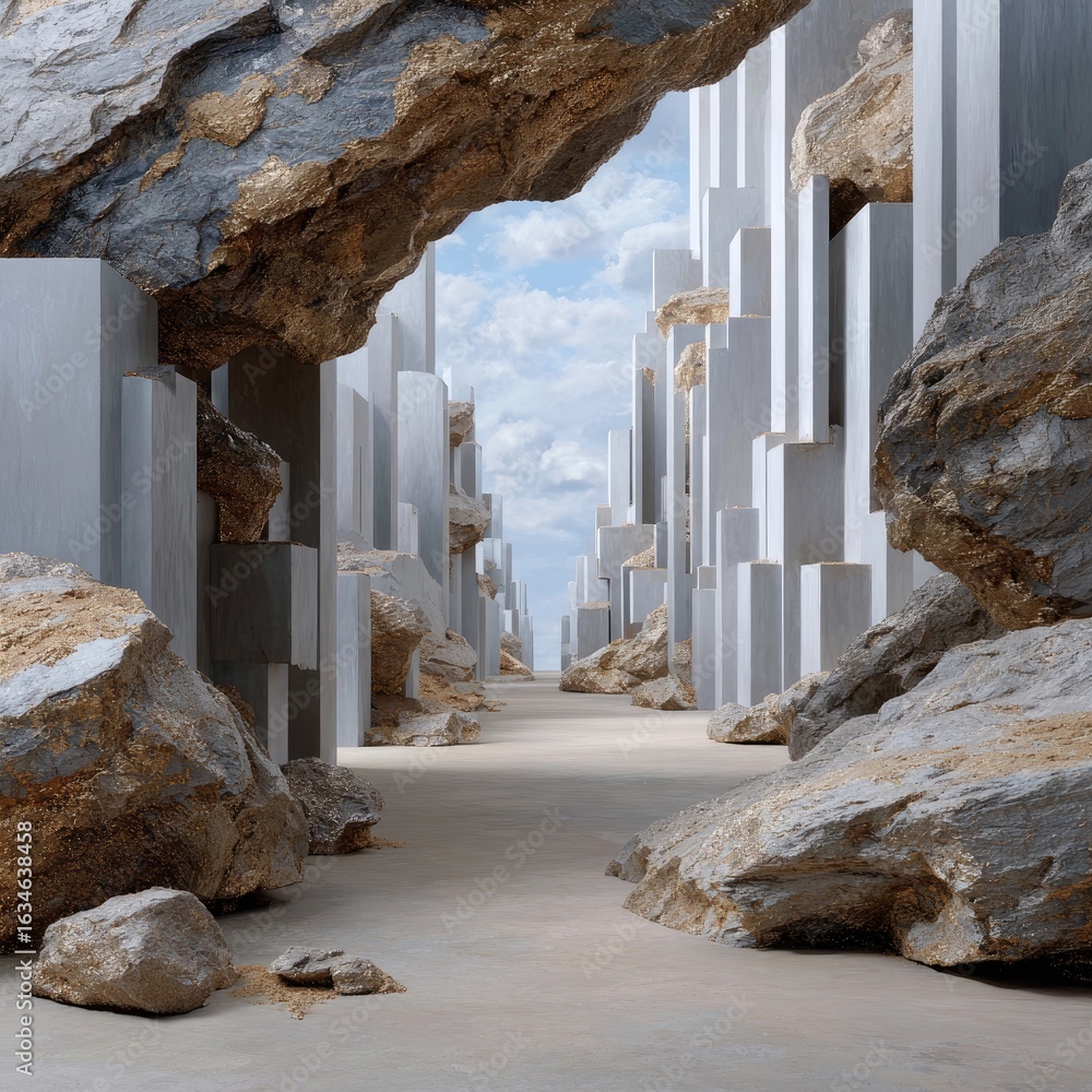 Poster architectural design featuring abstract structures and natural elements in a serene indoor setting d