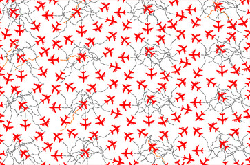 Airplane with dotted path vector set. Flying airplane with dotted air route. Airplane icon set. Flying  airplane set collection. Seamless pattern of flying air plane.