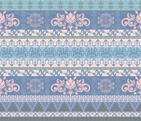 Damask textile art, abstract, ethnic, blue, pink, gold damask pattern for textile, clothes, curtains, pillows, carpets, vector illustration.
