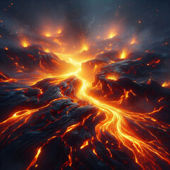 Molten lava flows through a rugged landscape, casting an orange glow against the twilight sky. Generative AI.